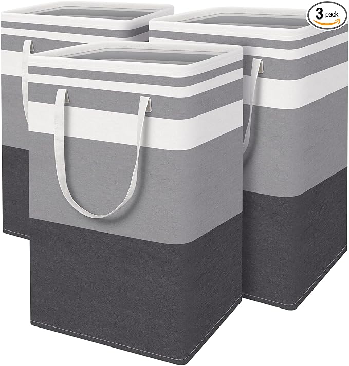 BlissTotes 3-Pack Laundry Basket, Collapsible Laundry Hamper, Grey, 88L | Laundry Clothes Hamper, Hampers for Bedroom, Freestanding Hamper with Handles, Clothes Laundry Basket