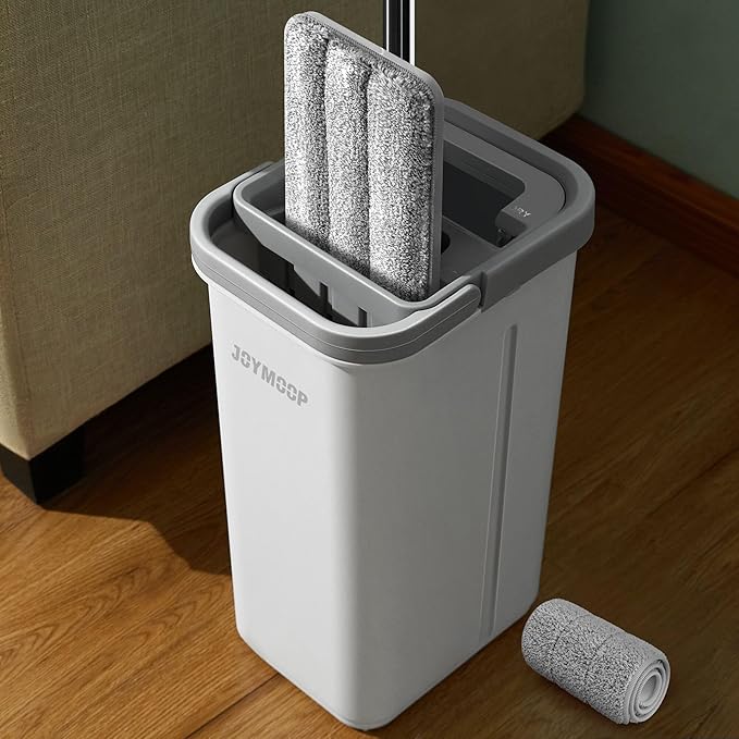 JOYMOOP Microfiber Flat Mop and Bucket System, Mops for Floor Cleaning and Wall Cleaner, Hardwood, Tile, Laminate, Vinyl Floors, Smooth Walls, and Glass Windows - 50" Flat Mop+1 Microfiber Pad[White]