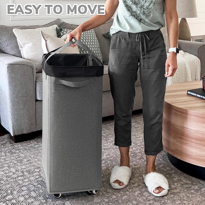 CHICVITA 100L Slim Laundry Basket with Wheels & Wash Bag, Light Grey | Removable wash bag, space-saving slim design for bedroom and college dorm. Rolling clothes hamper
