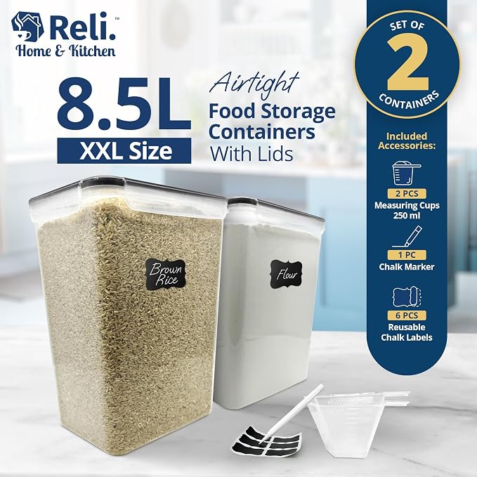 Reli. Airtight Food Storage Containers Stackable 8.5L Flour Sugar (2 Pack) | Pantry Storage, XXL, Freshness Seal, Dry Goods, See-Through, Labels, Measuring Cup, BPA Free, Leak-Proof, Reusable