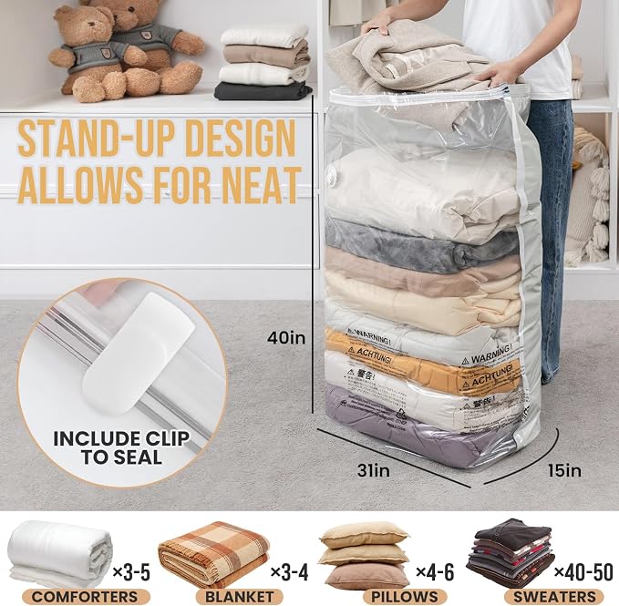TAILI 8 Pack Vacuum Storage Bags Space Saver, Jumbo Cube 31x40x15 Inch, Extra Large Vacuum Seal Bags for Comforters Blankets, Bedding, Clothing, No Pump Compression Cube, Cream