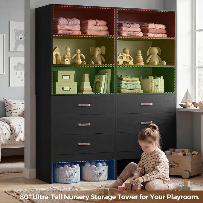 Armocity 4FT Closet System with Leather Handles, 48" Walk-in Closets Storage Unit with Cabinet, Wood Wardrobe Closet Organizer and Storage with 6 Drawers, Set of 2, Black