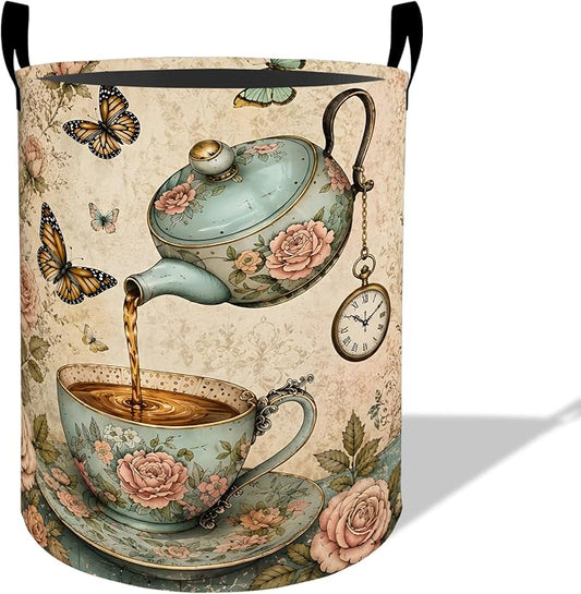 Vintage Floral Tea Laundry Basket Hamper 19.7"x15.8", Organizer Bins Gifts for Kids Boys Girls, Butterfly Teacup Foldable Waterproof Oxford Clothes Storage Bucket for Bedroom Bathroom Decor