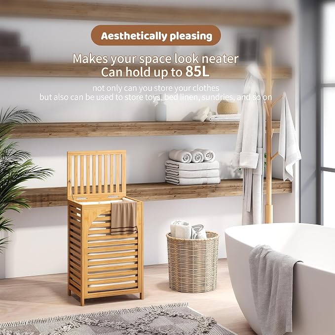 Laundry Hamper with Lid (16.9 * 13 * 26.5inches) Large Bamboo Laundry Bin Basket 85L Clothes Hamper with 1 Removable Bag Storage baskets for Bathroom(Natural)