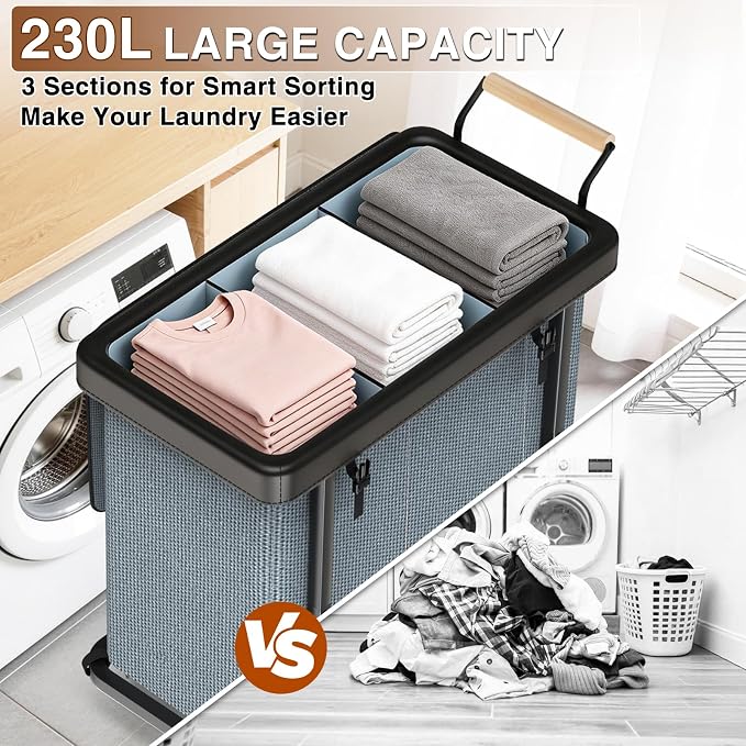 Rolling Laundry Hamper with Wheels, Laundry Hamper 3 Section with Lid Gray | Laundry Basket with Rolling Lockable Wheels and Handle, Laundry Basket Organizer for Laundry Room, Bedroom 230L