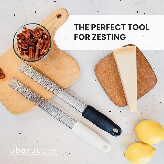 A Bar Above Lemon Zester and Cheese Grater, Professional 12 Inch Stainless Steel Hand Grater for Citrus, Parmesan, Ginger, Chocolate, Ergonomic Handle, Dishwasher Safe, Perfect Kitchen Gadget, White