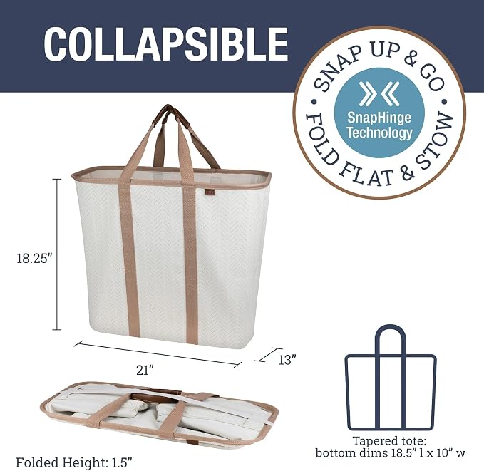 CleverMade LUXE Collapsible Laundry Caddy, 64L, 2 Pack, Cream Herringbone | Refined fabric and vegan leather details suit open rooms. The structured frame carries 2 loads and folds flat for storage.