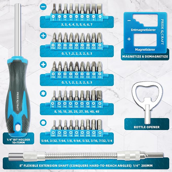 PRIDE&CRAFT Magnetic Screwdriver Set 71-Piece,Chrome-Vanadium Steel, Includes Slotted/Phillips/Torx Mini Precision Screwdriver, Replaceable Screwdriver Bits,Magnetizer Tool Kit for Repair Craft