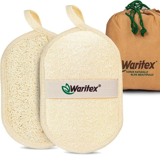 Waritex Organic Egyptian Loofah Oval Exfoliating Body Scrubbers [2 Pack] | Natural Loofah Shower Pads with Hand Strap for Gentle Skin Exfoliation, Smooth & Refreshing Skin, Face & Body Spa Experience