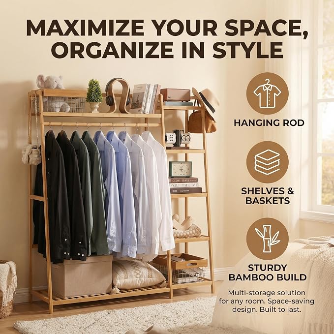 Baveke Bamboo Clothing Garment Rack Frame Made of FSC-Certified Bamboo, 7 Tier Storage Shelf Coat Clothes Hanging Rack, Portable Wardrobe Closet Organizer, Shoe Storage Shelves for Bedroom, Natural