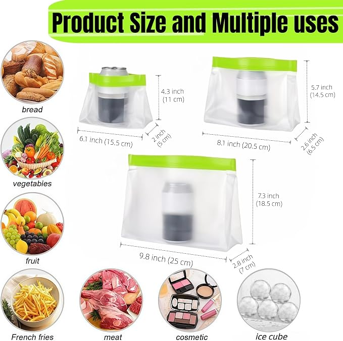 PABCK 9 Pcs Reusable Silicone Produce Freezer Bags Self Seal Green 3S+3M+3L | Stand Up Freezer Food Storage Bags Leakproof Resealable Bag for Sandwich Smell Proof Fridge Organization for Lunch Travel