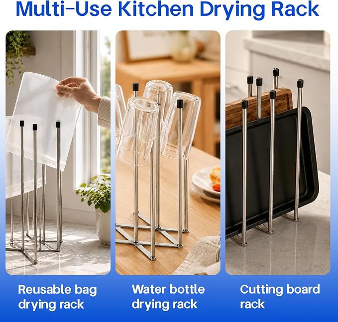 Reusable Bags Drying Rack, Extra Tall Foldable Stainless Steel Stand for 1 Gallon & Quart Zip-Top Reusable Bags, Plastic Bag Dryer for Silicone, Sandwich & Snack Storage Bags, Silver, 1 Pack