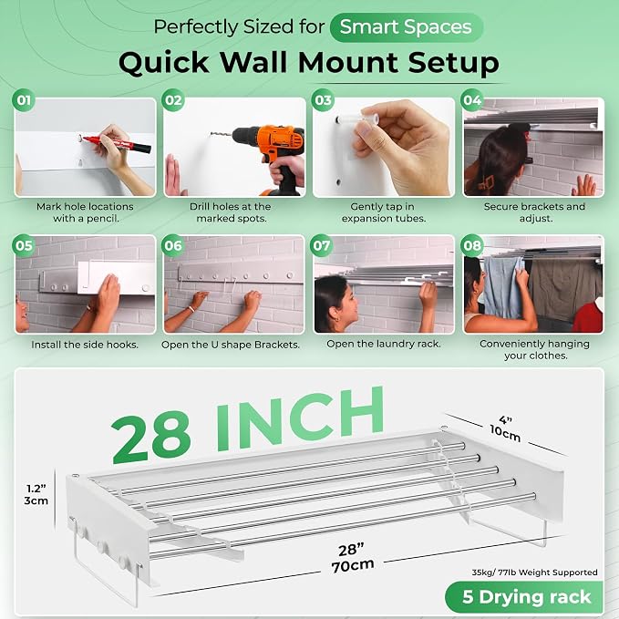 Wall Mounted Drying Rack Foldable for Laundry Clothes Drying Rack 28"