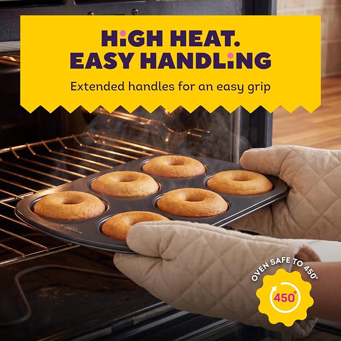 Wilton Gold Non-Stick Donut Pan Set - Quality Baking Pan - Dishwasher Safe & Scratch Resistant - Made Without PFAS - 12.5 x 8 x 1 Inch, 2-Piece Set