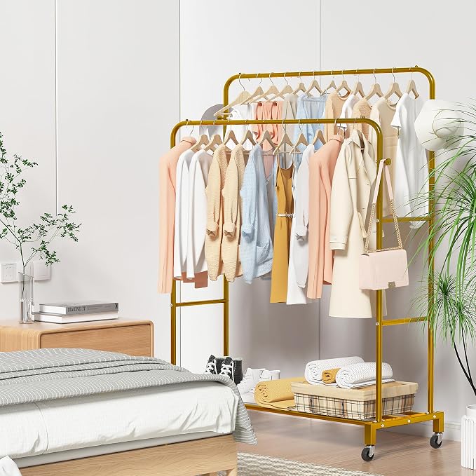 Sooyee Double Rod Clothing Rack with Wheels,3 Tier Garment Racks for Hanging Clothes,Portable Clothes Rack with 4 Hooks for Bedroom,Laundry Room,Gold