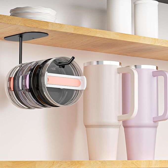 4 Pack Tumbler Lid Organizer, Space Saving Cup Lid Organizer | Yeti/Stanley/Simple Modern Lids Organizer, Self-Adhesive or Drilling Tumbler Lid Hook for Kitchen Organizers and Storage