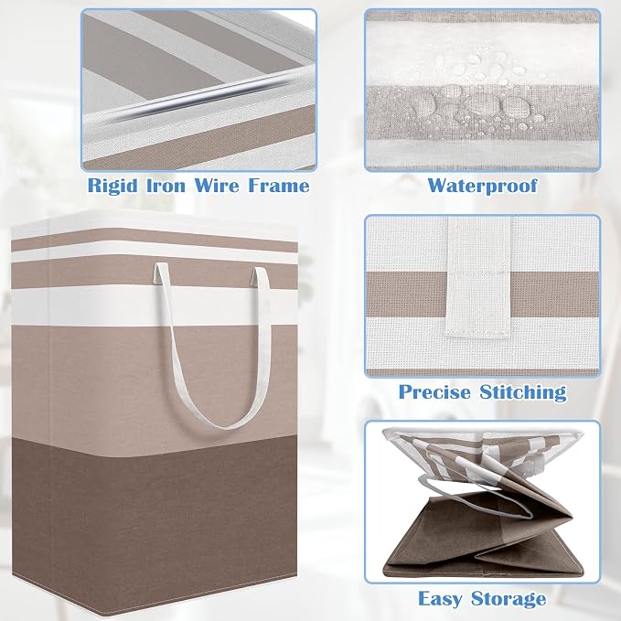 BlissTotes 3-Pack Laundry Basket, Collapsible Laundry Hamper, Khaki, 75L | Laundry Clothes Hamper, Hampers for Bedroom, Freestanding Hamper with Handles, Clothes Laundry Basket