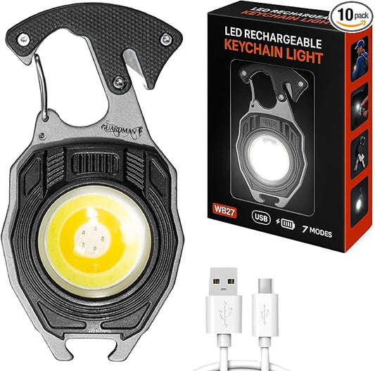 GUARDMAN Stocking Stuffers for Employees – Multitool Survival keychain Tool, LED Flashlight, Carabiner, Fire Starter, Screwdriver, Whistle, Bottle Opener – Camping & Outdoor Multi Tool Gear - 10 Pack