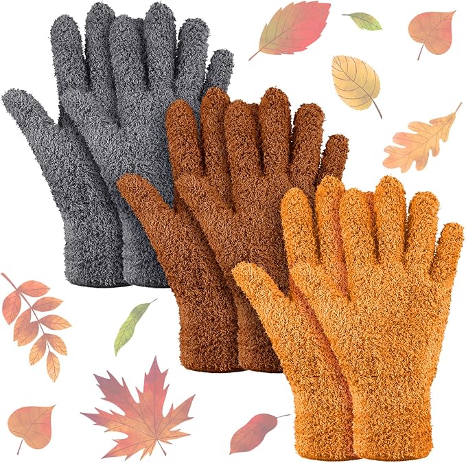 Patelai 3 Pairs Microfiber Plant Dusting Gloves Leaf Cleaning Gloves for Indoor Plants, Blinds, Furniture, House (Orange,Brown,Dark Gray,Medium)