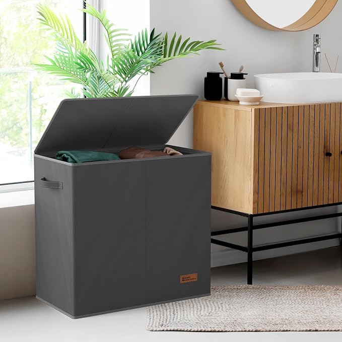 Simple Houseware Double Laundry Hamper with Lid & Removable Bags, Dark Gray | Heavy Duty 600D Polyester, Water-Resistant Surface