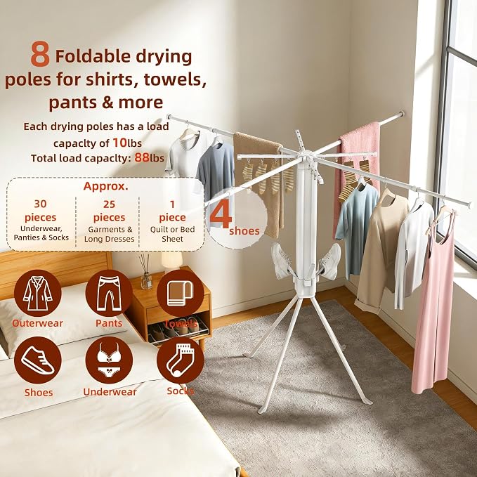 Clothes Drying Rack Foldable, 4-Leg Base, 16 Clips, 4 Shoe Holders | Holds Up To 88 lbs, Rust-Resistant, Quick Fold, Fits 90°/180°/270° Corners, Independently Extendable Rods