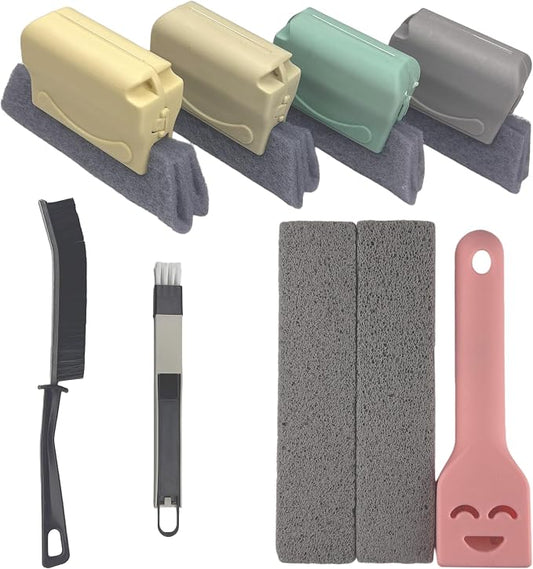 Portable Multi-Purpose Cleaning Kit: Includes 4 Window Track Brushes, Corner Scraper, Detachable Window Groove Cleaner, 2 Pumice Stone Bars. Deep Cleaner for Bathroom, Kitchenware, Door & Window Gaps.