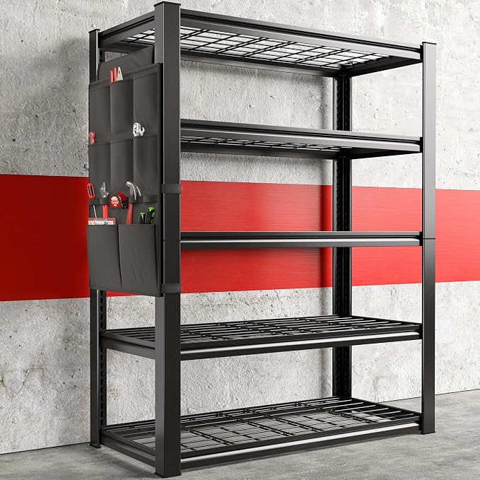 REIBII 37.9" W Storage Shelving with Tool Bag for Garage Workshop Basement | Wire Mesh Panel, Adjustable, Detachable, 5-Tier, Easy Assembly, for Homeowner and DIYer, 66.1" H x 37.9" W x 15.8" D, 2000Lbs