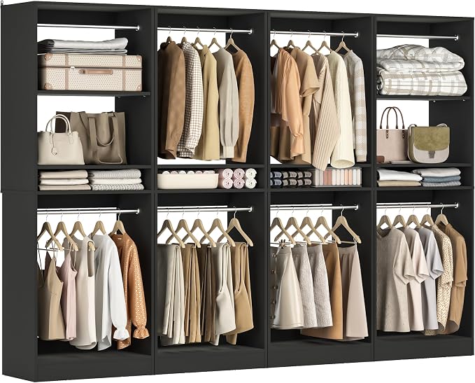 Unikito 100 Inch Large Closet System, 8.3FT Wood Closet Organizer Kit with 8 Hanging Rods, Adjustable Walk in Wardrobe Closet Tower, Sturdy Luxury Clothes Garment Rack, Easy Assembly, Set of 4, Black