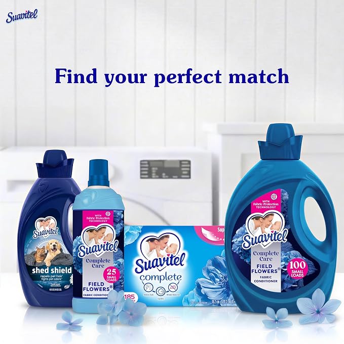 Suavitel Complete Liquid Fabric Softener, Field Flowers Scent, 100 fl oz | Fabric Conditioner, HE Compatible, Concentrated Formula, Long-Lasting Freshness, Wrinkle Reduction, Laundry Softening