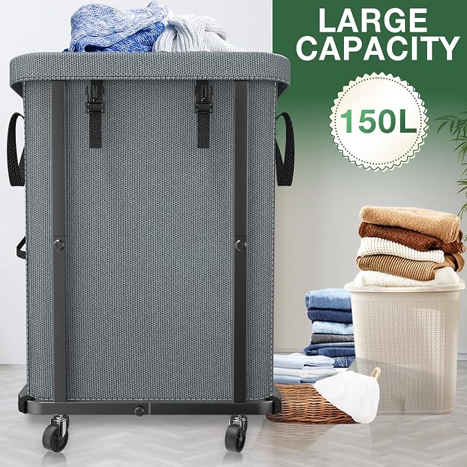 Laundry Hamper with Lid,150L Rolling Laundry Basket with Wheels,Grey | Dirty Clothes Hamper with Metal Frame and Removable Bag Design,Large Rolling Hampers for Laundry Room, Bedroom,Dorm