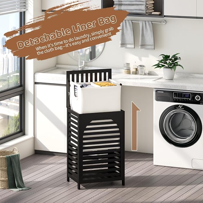 Laundry Hamper with Lid (16.9 * 13 * 26.5inches) Large Bamboo Laundry Bin Basket 85L Clothes Hamper with 1 Removable Bag Storage baskets for Bathroom(Black)