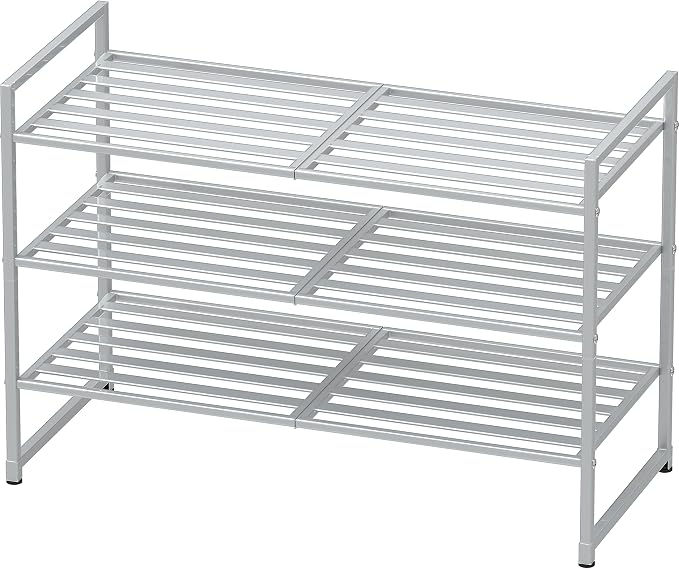 Simple Houseware 3-Tier Stackable Metal Panel Shoe Rack, Silver | 9 Pairs of Shoes Storage Organizer for Closet, Entryway, Garage & Corridor