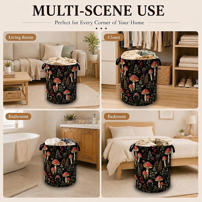 Woodland Mushroom Forest Large Clothes Hamper, Portable Collapsible Laundry Basket with Handles, Freestanding Storage Bin for Bedroom Bathroom Dorm Laundry Room