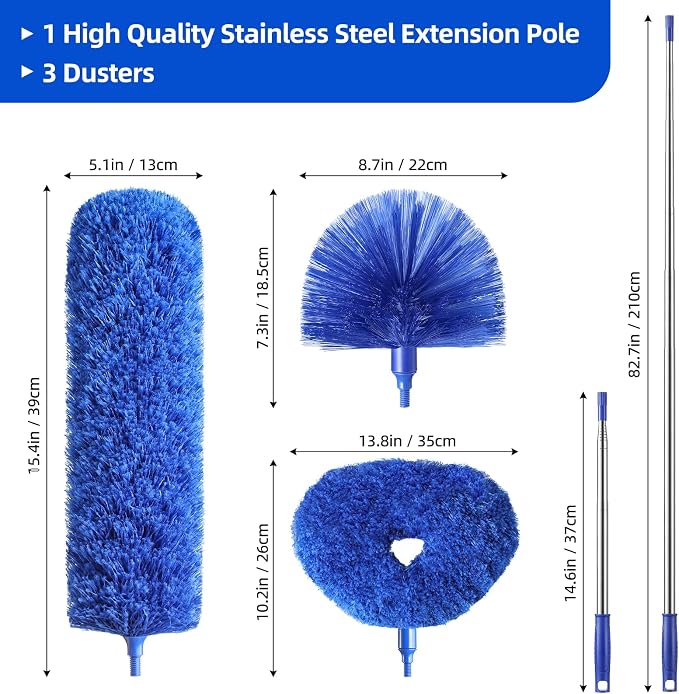 Microfiber Duster for High Ceiling Fan Blades, Cobweb with Extension Pole Adjusts 15-82 Inch, Reusable Cleaning Duster Kit with 3 Duster Heads for Wall Blinds Door Furniture Bookshelves (Blue)