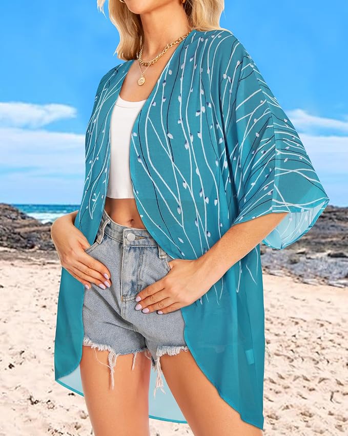 Women Kimono Cardigans Summer Cover Up Hawaiian Shirts Floral Print Tops | ROSEMIA chiffon kimono open front cardigans, beach cover ups, daily casual tops, cruise outfits, summer resort wear