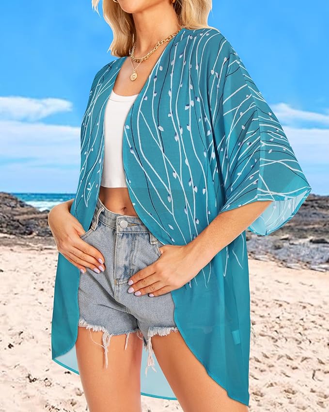 Women Kimono Cardigans Summer Cover Up Hawaiian Shirts Floral Print Tops | ROSEMIA chiffon kimono open front cardigans, beach cover ups, daily casual tops, cruise outfits, summer resort wear