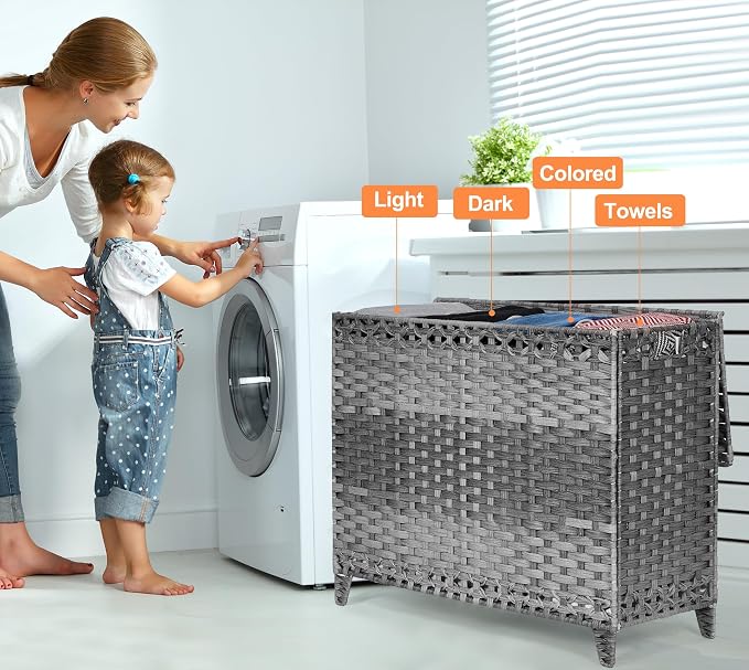 Laundry Hamper with 4 Removable Liner Bags, 176L Laundry Sorter with Lid | Raised Feet; Side Carry Handles; Handwoven PP Rattan; Rust-Resistant Iron Frame; Decorative Woven Design