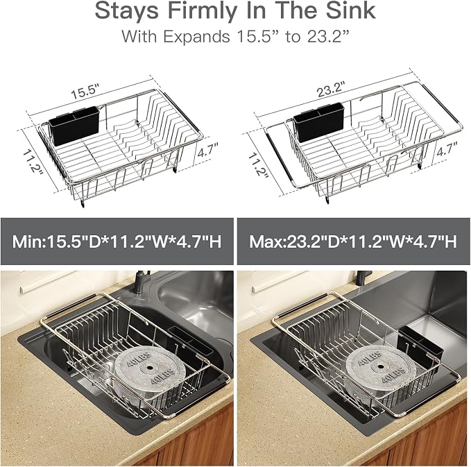 MAJALiS Dish Drying Rack Over The Sink with Adjustable Utensil Holder | Expandable Stainless Steel Dish Drainer for Small Kitchen, Apartment, RV, Counter Space Saving, Perfect Fit, Rustproof