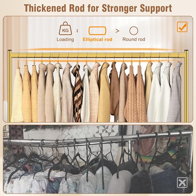 EAGMAK Heavy Duty Clothes Rack Load 420 LBS, Rolling Garment Rack with Lockable Wheels, Standing Metal Clothing Rack, Portable Wardrobe Sturdy Coat Rack for Hanging Clothes (Gold, 59″×18.9″×63″)