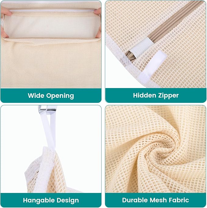 4 Pack Durable Cotton Mesh Laundry Bags for Delicates - 12×16inch Laundry Bags Mesh Wash Bags with Sturdy Zipper for Underwear Bras Socks Clothes Storage Natural Cotton Washing Machine Safe