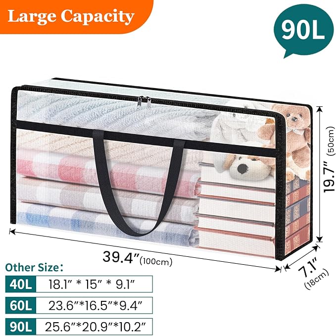 TasticTotes 6 Pack Clear Storage Bags for Comforter, 90L Long | Plastic Blanket Storage with Zipper & Handle, Foldable Moving Bags, Closet Organizer and Under-Bed Storage Containers