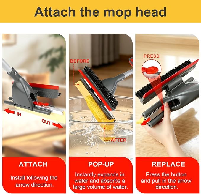 Pop-up Sponge Mop for Floor Cleaning, Home Commercial Cellulose Sponge Roller Mop with 2 Refill Heads, Includes Squeegee and Brush for Hardwood Tile Concrete Bathroom Kitchen Wall Ceiling