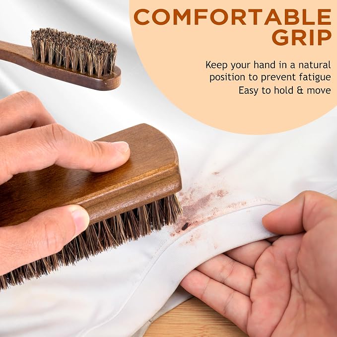 TAKAVU Horse Hair Laundry Brush Set of 2, Soft Natural Bristle | Horsehair Stain & Scrub Brush for Clothes, Fabric & Upholstery, Gentle on Knits, Cotton & Linen, Washable