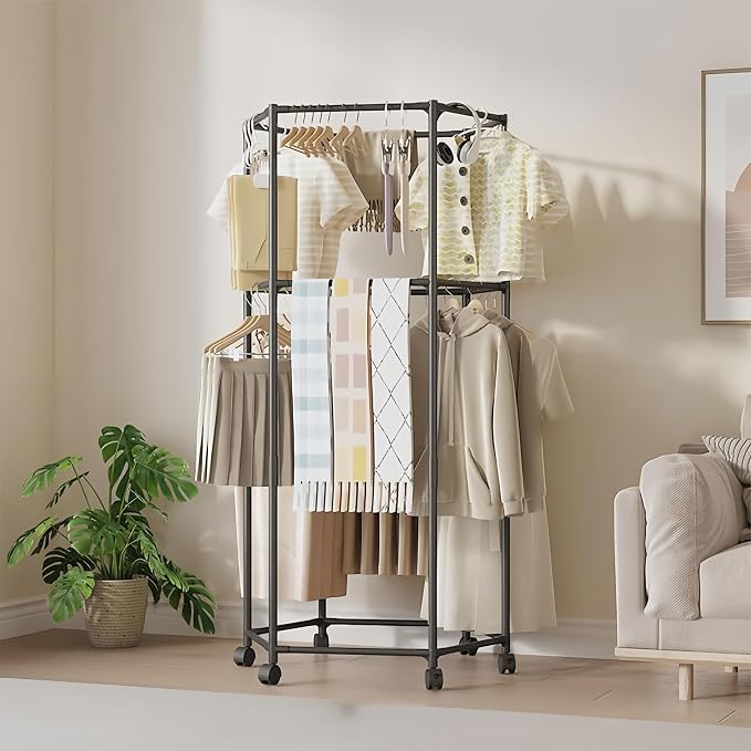 360° Rotating Multi-Tier Clothes Drying Rack with Wheels | Heavy-Duty Metal Garment Organizer for Bedroom, Closet, Balcony & Laundry Room | Space-Saving Corner Clothing Hanger Stand