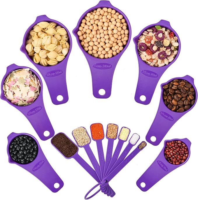 Purple Measuring Cups and Spoons Set 15, Plastic Mesuring Cups and Spoons, 7 Plastic Measuring Cups and 7 Measuring Spoons with leveler, Cute Measure Cups for Baking & Kitchen
