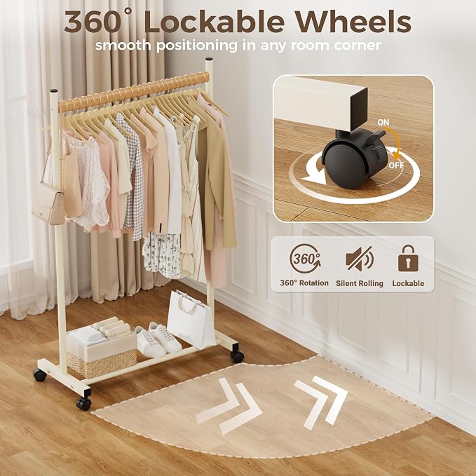 White Clothing Rack for Hanging Clothes, Portable Rolling Clothes Rack with Wheels, Heavy-Duty Metal Garment Racks with Bottom Shelf, Large Load Capacity & Easy Assembly
