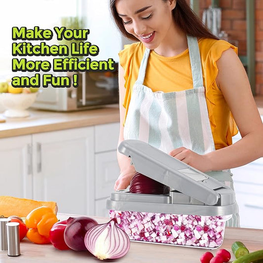 Vegetable Chopper,12-in-1 Multifunctional Food Chopper,Professional Onion Chopper with 7 Blades,Vegetable Cutter with Container for Salad,Potato,Carrot,and Garlic Essential Kitchen Tool (Silver gray)