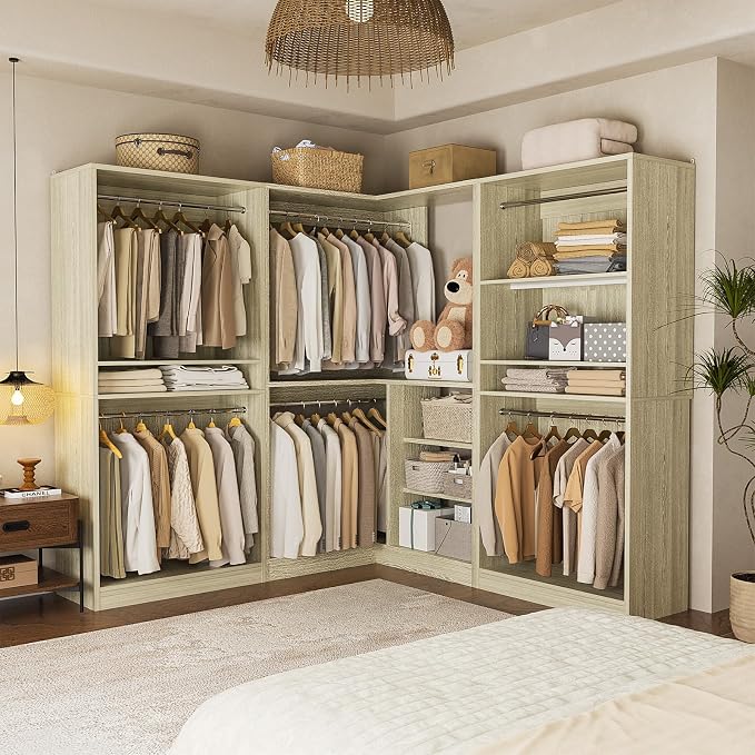 Unikito 108” Corner Closet System, 3-Piece L-Shaped Closet Organizer with 2 Closet Towers and 1 Corner Unit, Heavy Duty Wood Garment Rack with 6 Hanging Rods, Freestanding Walk-in Wardrobe, White Oak