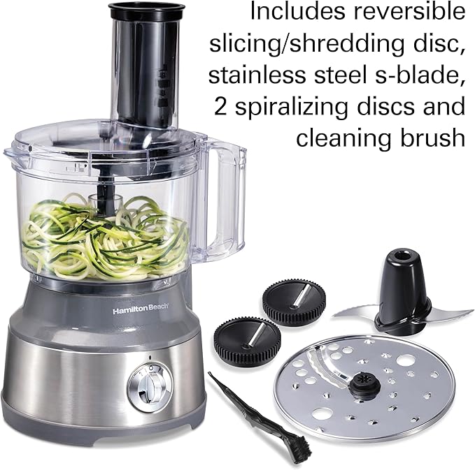 Hamilton Beach Food Processor & Vegetable Chopper for Slicing, Shredding, Mincing, and Puree, 10 Cups + Veggie Spiralizer makes Zoodles and Ribbons, Grey and Stainless Steel (70735) | For Slicing, Shredding, Mincing, and Puree | Veggie Spiralizer Attac...