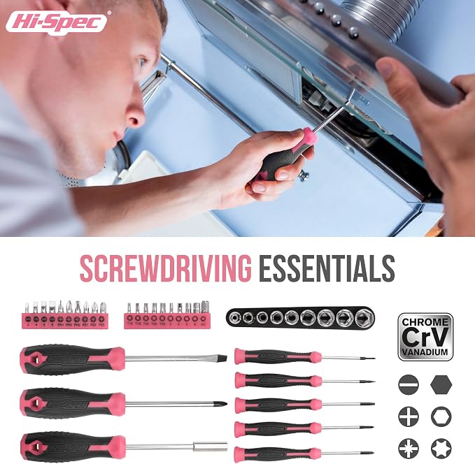 Hi-Spec Woman Home DIY Repair Pink Tool Kit with Portable Toolbox Case | 54pc, everyday fixes made easier, organized portable storage, beginner-friendly selection, apartment and office tasks, Ladies